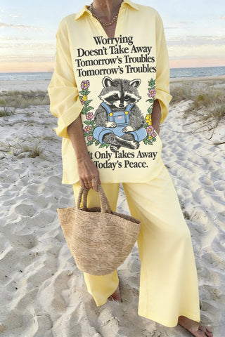 Women's Yellow Raccoon Quote Graphic 2-Piece Co-Ord Set - Oversized Shirt & Wide Leg Pants for Summer Casual Beach Vacation