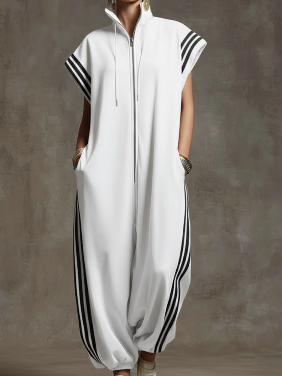 Three Stripe Sleeveless Zip Up Oversized Jogger Jumpsuit