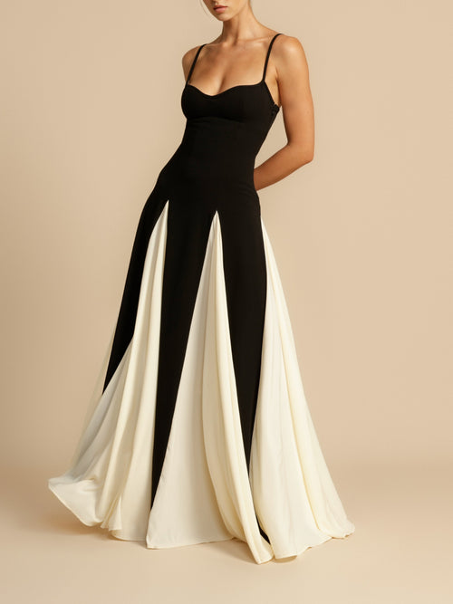 Black White Color Block Spaghetti Strap Maxi Gown Sweetheart Slit Evening Dress