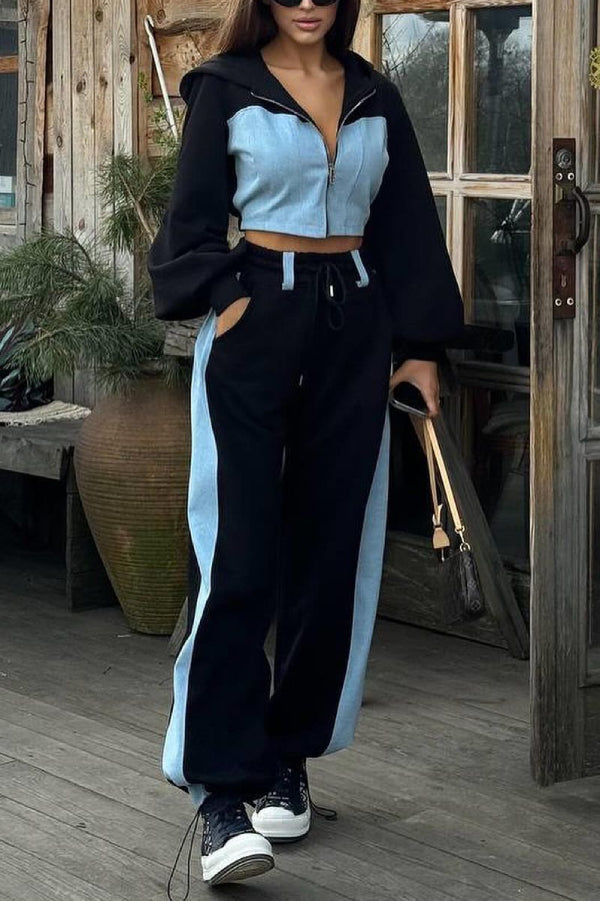 Denim Patchwork Hoodie and Pants Set Main image