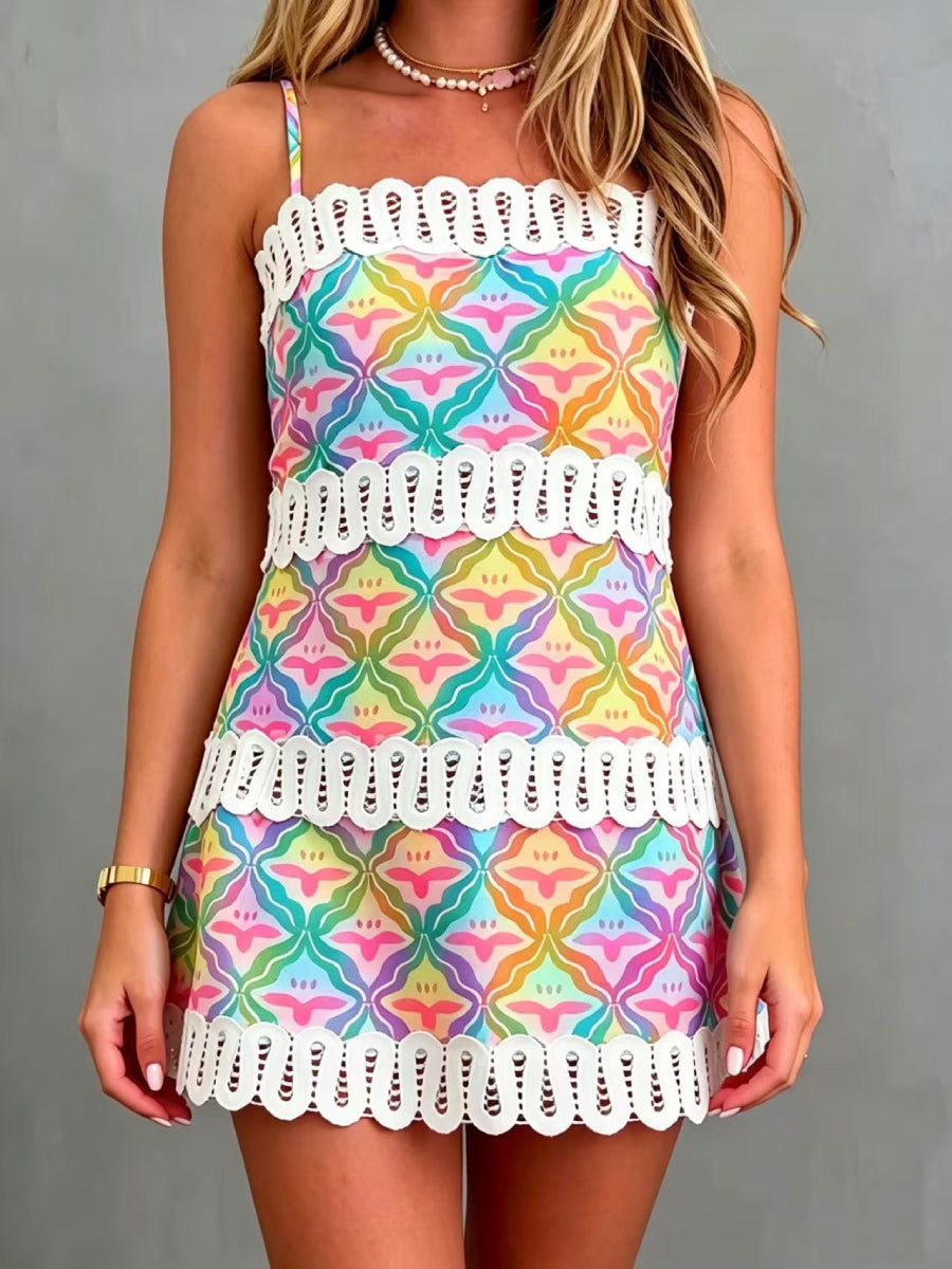 Women Square Neck Multi Layer Hollow Out Crochet Lace Trim A Line Short Vacation Dress