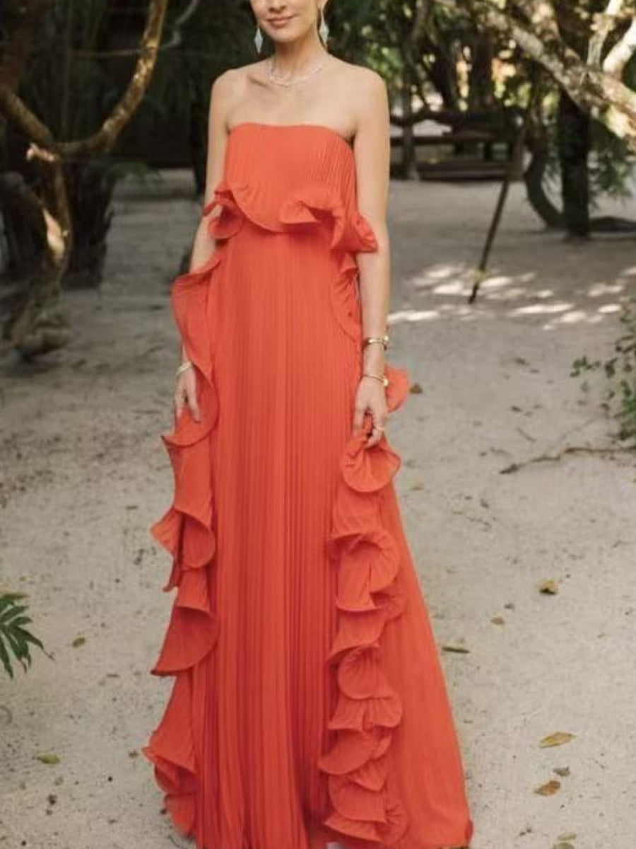 Elegant Off Shoulder Free Bust Ruffle Hem Pleated Sheer Chiffon Floor Length Party Dress