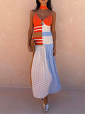 Stripe Polka Dot Patchwork V Neck Spaghetti Strap Midi Dress