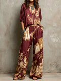 Burgundy Floral Boho Two Piece Shirt Wide Leg Pants Set