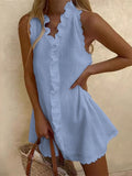Linen Ruffle V Neck Scalloped Sleeveless Mini Dress