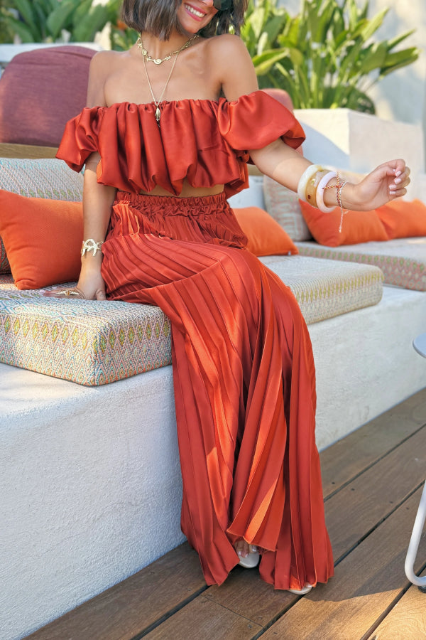 Solid color temperament tube top pleated trousers suit