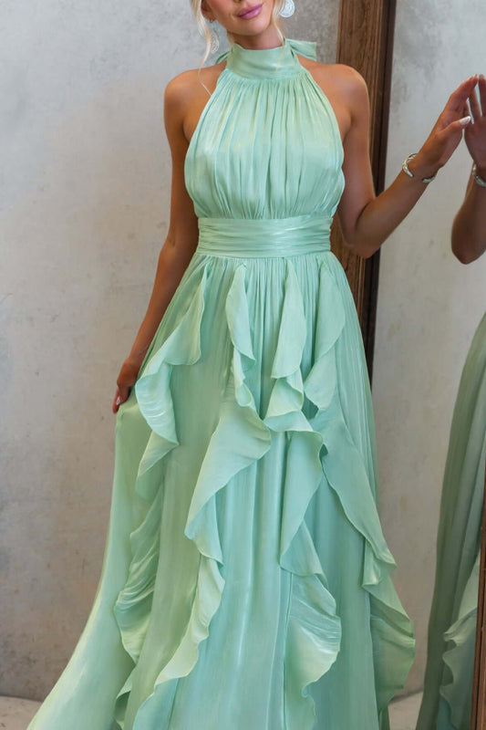 Women's Mint Green Halter Neck Satin Maxi Dress - Ruffle Trim Tie Back Waist Flowy Gown for Bridesmaid & Beach Wedding