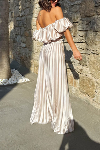 Solid color temperament tube top pleated trousers suit