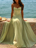 Ruffle Bust Boned Corset Thin Spaghetti Strap Maxi Dress