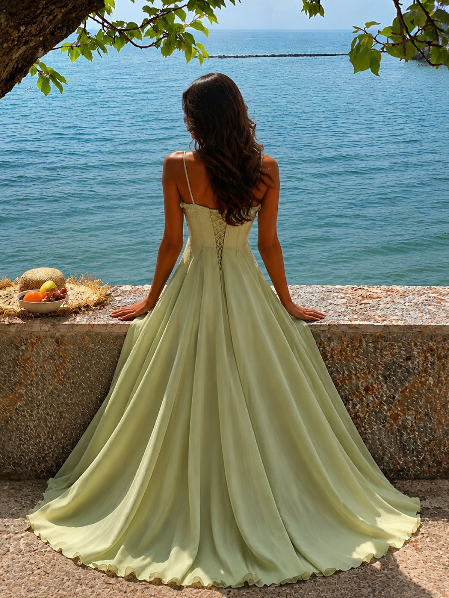 Ruffle Bust Boned Corset Thin Spaghetti Strap Maxi Dress
