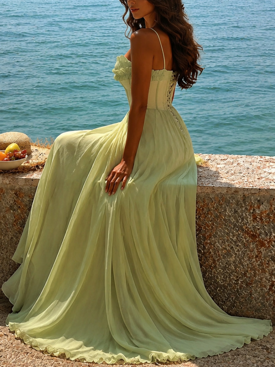 Ruffle Bust Boned Corset Thin Spaghetti Strap Maxi Dress