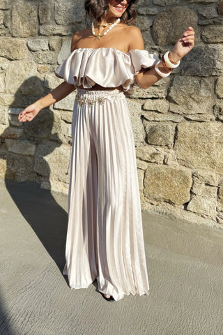 Solid color temperament tube top pleated trousers suit
