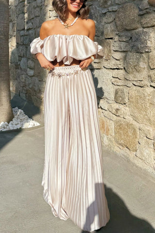 Solid color temperament tube top pleated trousers suit