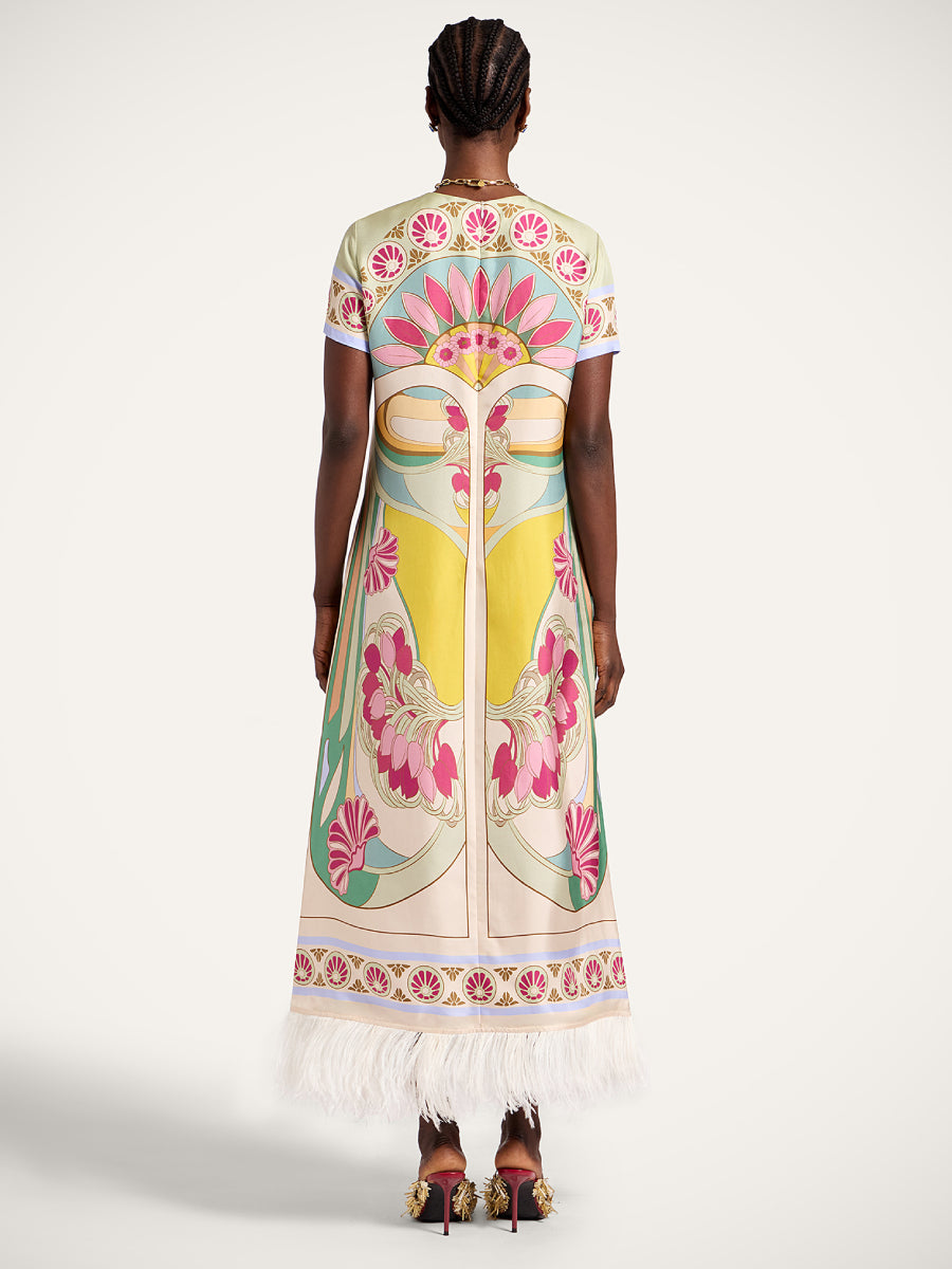 Vintage Art Deco Floral Geometric Print Short Sleeve Midi Dress