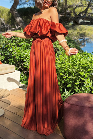 Solid color temperament tube top pleated trousers suit