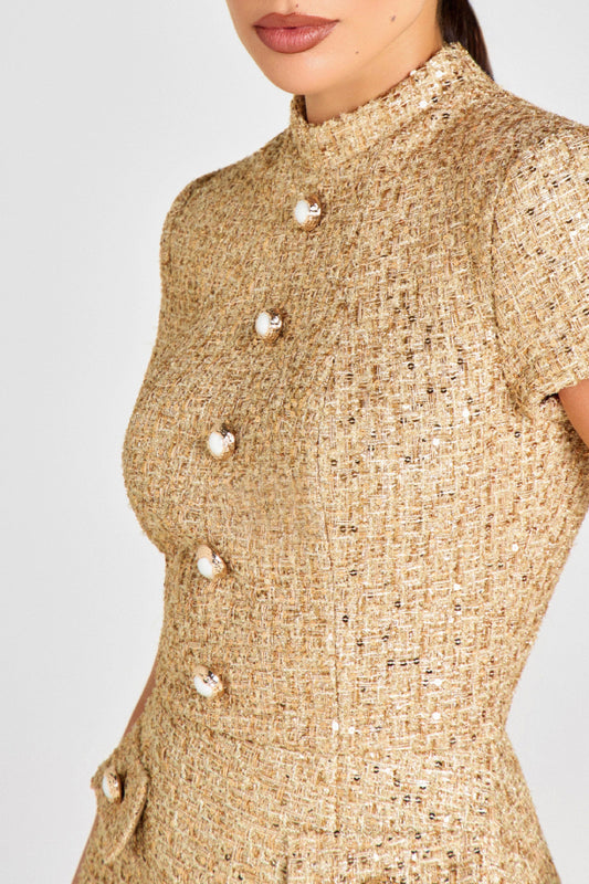 Women's Gold Sequin Tweed Mini Dress - Pearl Button Decor High Neck Short Sleeve Bodycon Gown for Cocktail Party