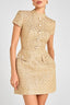 Women's Gold Sequin Tweed Mini Dress - Pearl Button Decor High Neck Short Sleeve Bodycon Gown for Cocktail Party