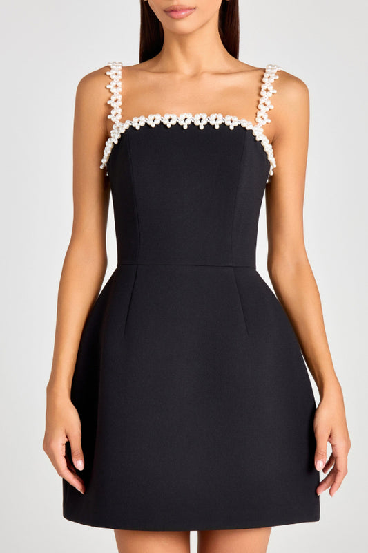 Women's Black Pearl Beaded Strap Mini Dress - Square Neck A-Line Cocktail Party Homecoming Dress