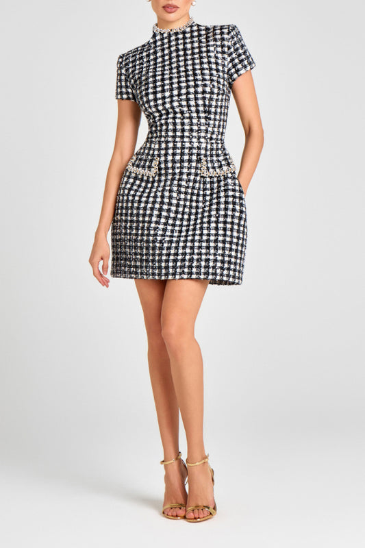 Women's Black White Houndstooth Tweed Mini Dress - Pearl Beaded High Neck Short Sleeve Bodycon Dress for Office Party