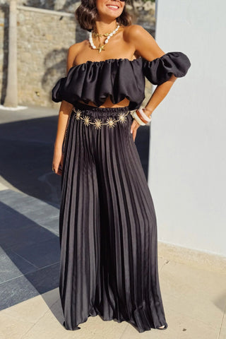 Solid color temperament tube top pleated trousers suit