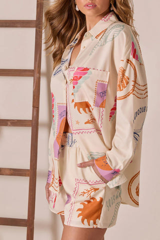 Postcard Sent Stamp Print Button Down Top and Drawstring Shorts set