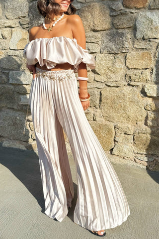 Solid color temperament tube top pleated trousers suit