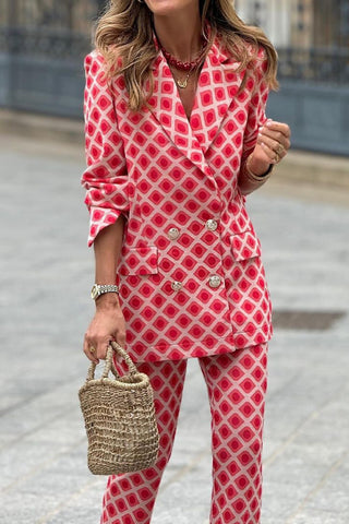 Unique Print Metal Button Pocketed Lapel Blazer and Elastic Waist Flare Pants Set