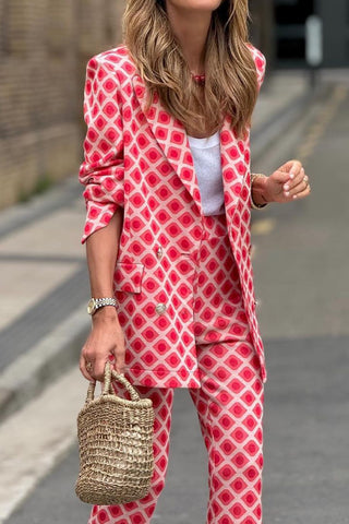 Unique Print Metal Button Pocketed Lapel Blazer and Elastic Waist Flare Pants Set