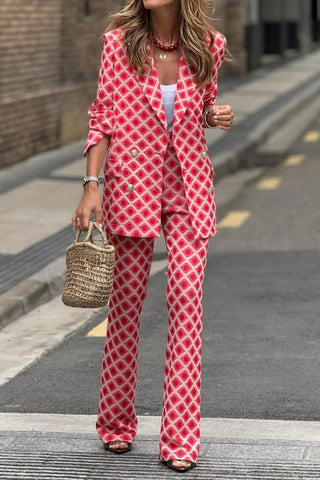 Unique Print Metal Button Pocketed Lapel Blazer and Elastic Waist Flare Pants Set