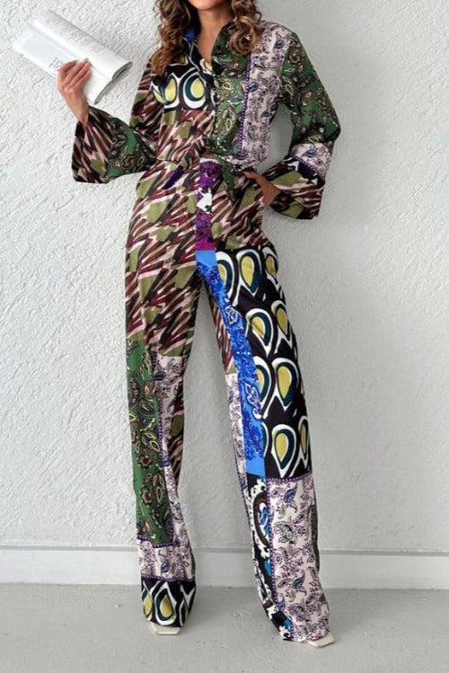 Model in bohemian paisley mixed-print long-sleeve shirt and wide-leg pants set