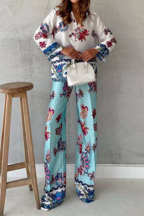 Multicolor linen-blend two-piece set with long-sleeve collared shirt and pants