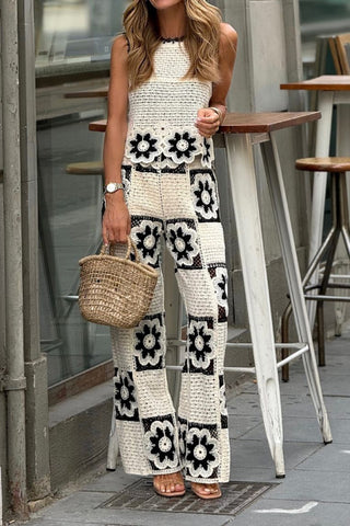Hollow flower round neck sleeveless sweater and square wide-leg pants set