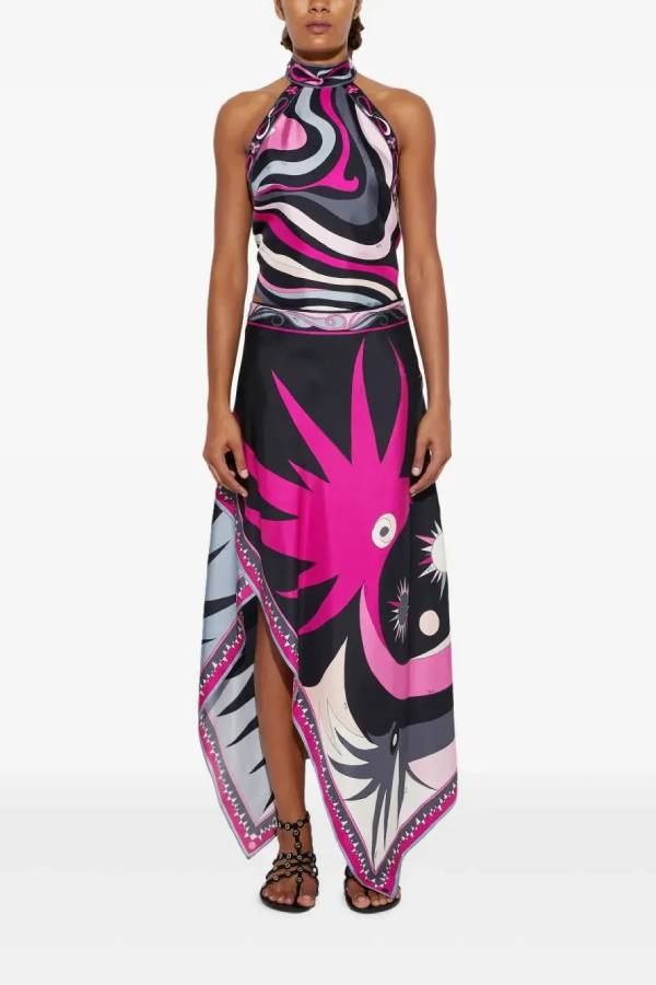 Printed Satin Halter Top and Skirt Two-Piece Set