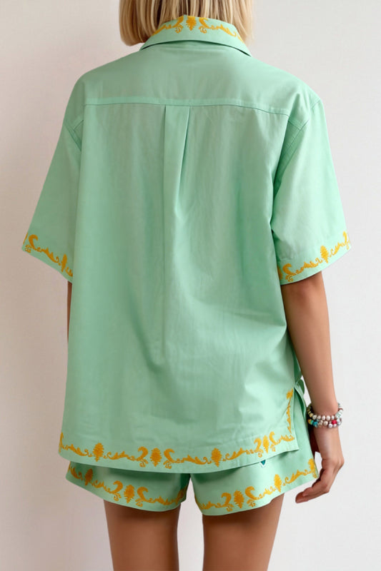 Women's Mint Green Embroidered 2-Piece Short Set - Oversized Cargo Shirt & High Waisted Shorts for Summer Beach Vacation