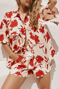 Linen-blend collared shirt with matching elastic-waist shorts, a two-piece resort set