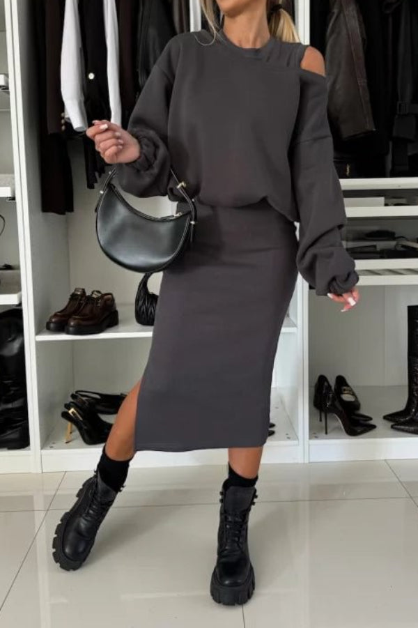 Wide Neck Relaxed Sweatshirt and Ribbed Tank Stretch Midi Dress Set Secondary image