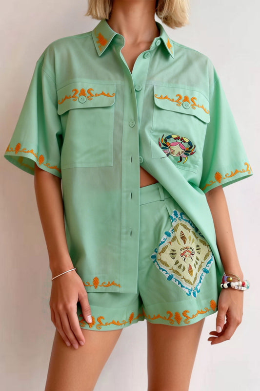 Women's Mint Green Embroidered 2-Piece Short Set - Oversized Cargo Shirt & High Waisted Shorts for Summer Beach Vacation