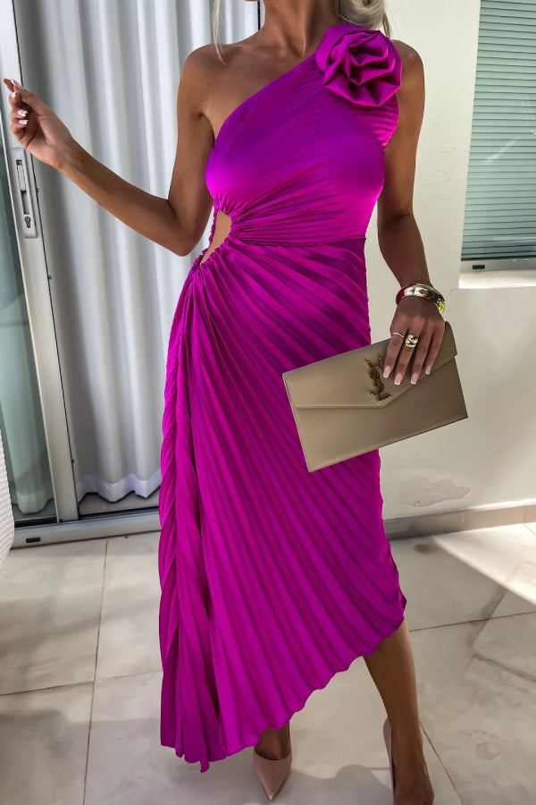 Satin Raised Flower Elastic Cutout One Shoulder Pleated Maxi Dress Main image