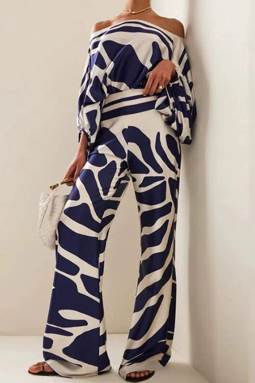Linen two-piece set with off-shoulder batwing top and ankle-length wide-leg pants