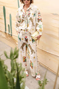 Linen-blend short-sleeve collared shirt and matching pants set for vacation