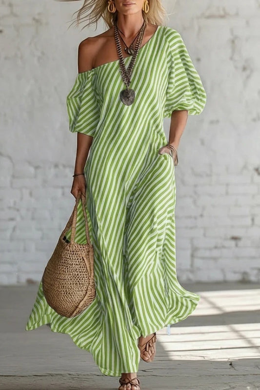 Women's Stripe One Shoulder Maxi Dress - Puff Sleeve Flowy Casual Beach Vacation Boho Sundress