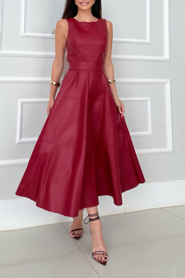 Faux Leather Back Zipper Midi Dress