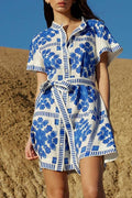 Blue linen-blend mini shirt dress with collared button-front and relaxed fit