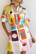 Multicolor coastal collage print linen short-sleeve belted mini shirt dress