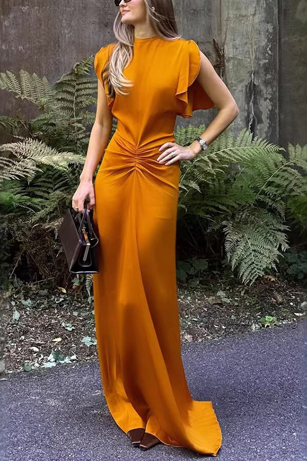 Women's Burnt Orange Satin Maxi Dress - Ruffle Sleeve Ruched Waist Formal Gown for Wedding Guest & Evening Events Hauptbild