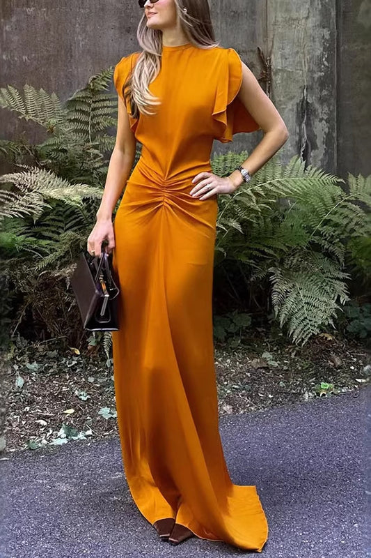 Women's Burnt Orange Satin Maxi Dress - Ruffle Sleeve Ruched Waist Formal Gown for Wedding Guest & Evening Events