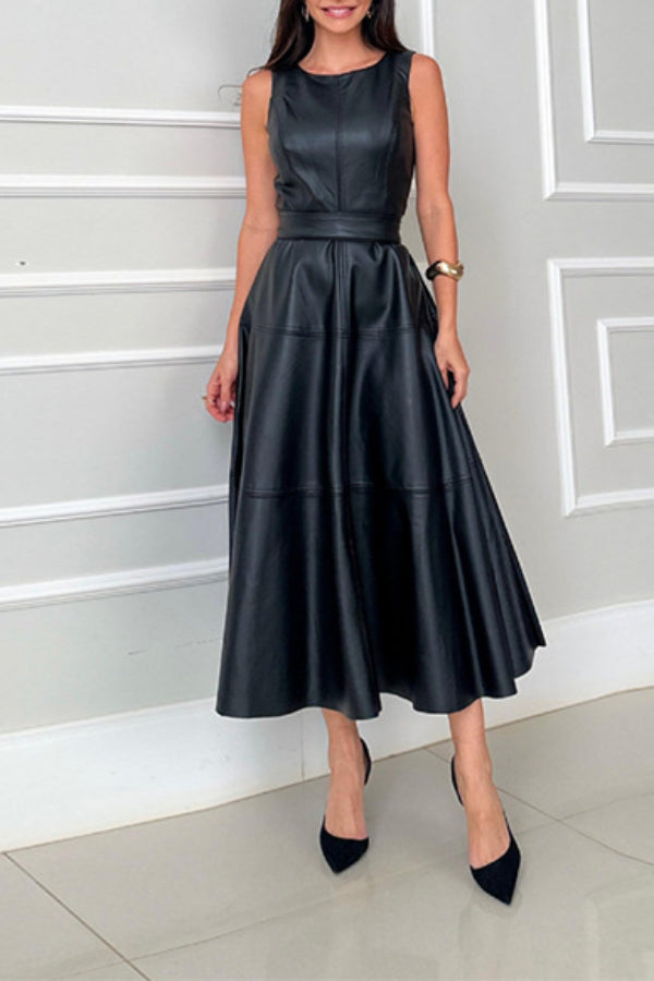 Faux Leather Back Zipper Midi Dress