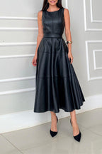 Faux Leather Back Zipper Midi Dress