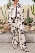 White linen-blend short-sleeve shirt and shorts set for warm-weather vacations