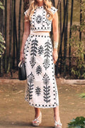 Printed short-sleeve crop top with a tie-up wrap maxi skirt linen-blend two-piece set